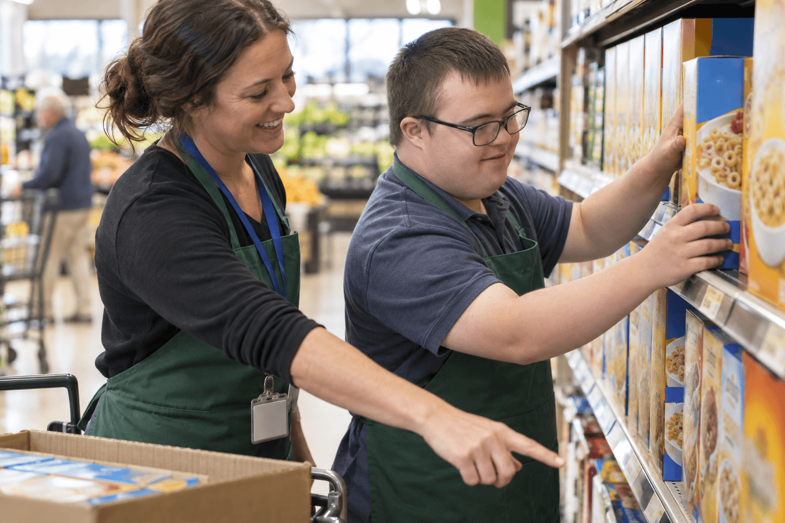 A job coach and a young man with Down syndrome restocking shelves together in a grocery store