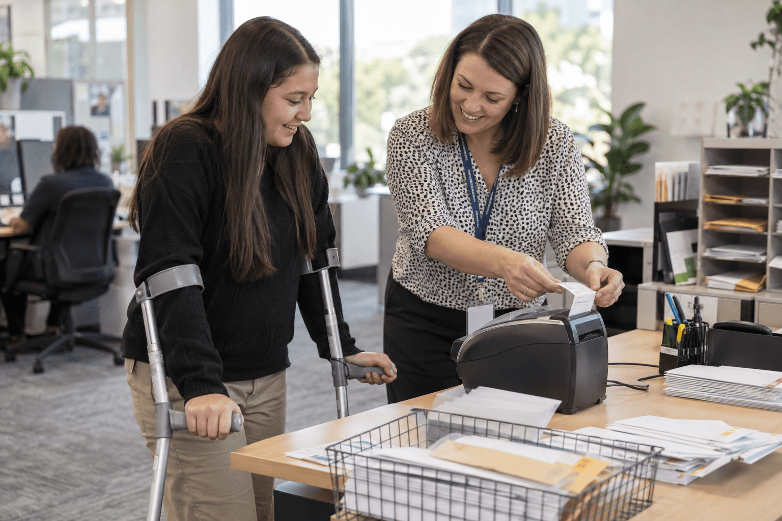A high school student who uses forearm crutches learning office tasks from a workplace mentor