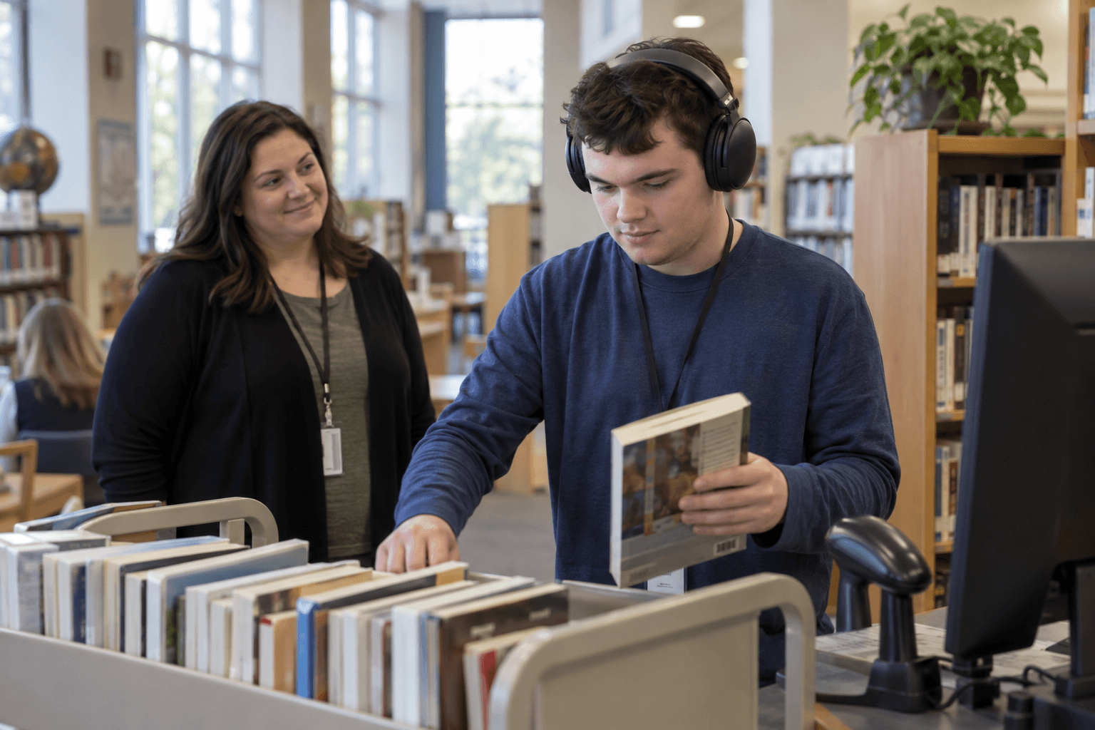 A young man wearing noise-cancelling headphones shelving books at a library while his supervisor looks on