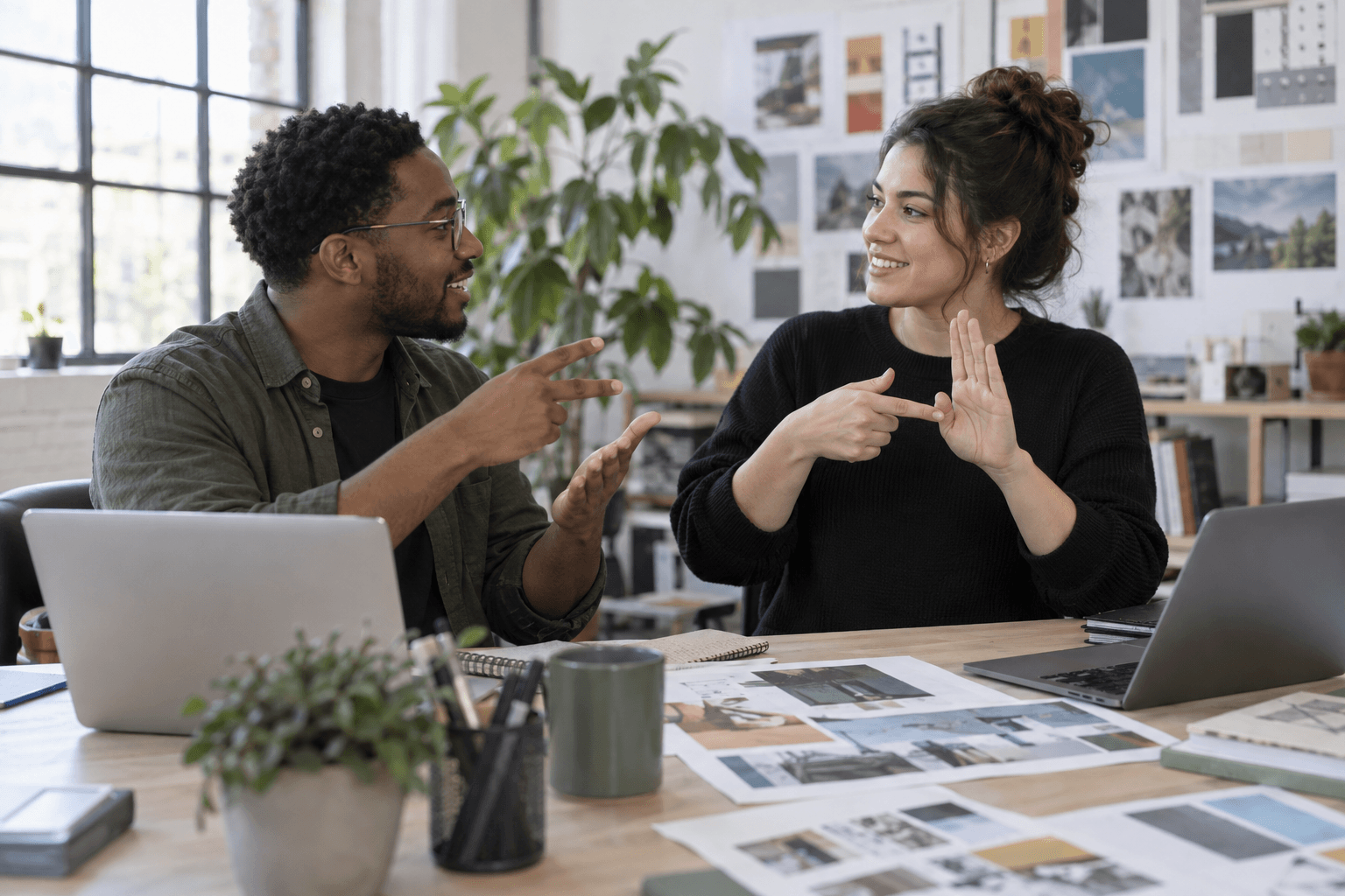 Two coworkers talking in American Sign Language at a shared desk in a design studio