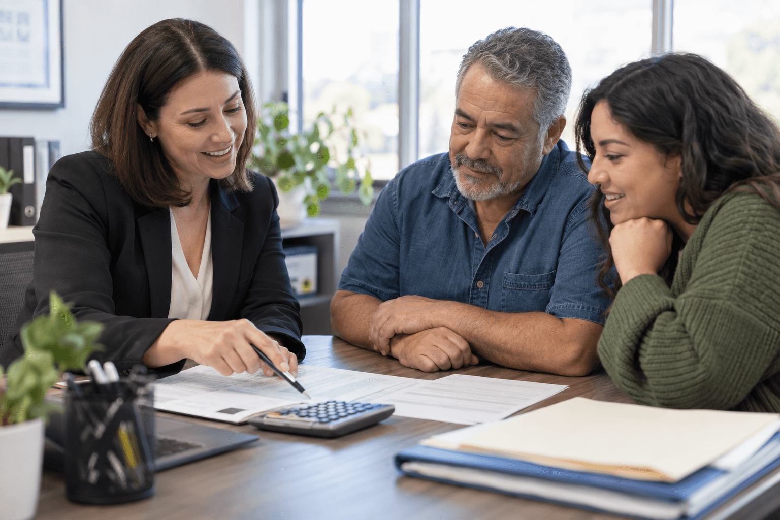 A benefits counselor explaining paperwork to a man and his adult daughter