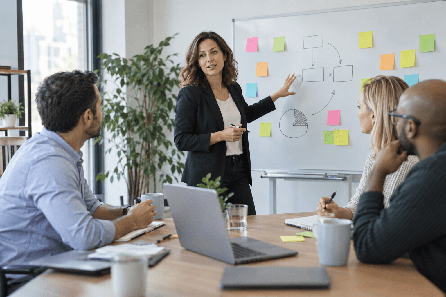 A consultant leading a strategy workshop at a whiteboard with a company leadership team