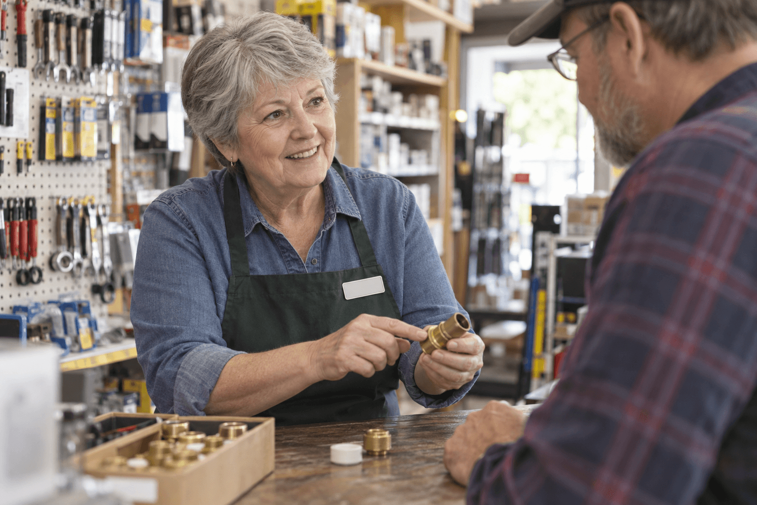 A woman in her sixties helping a customer at a hardware store counter