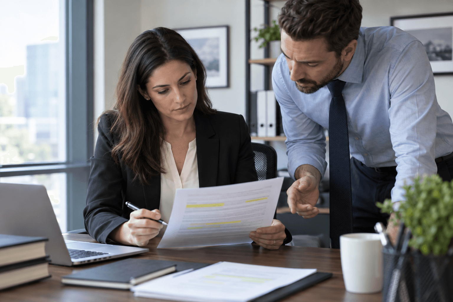A contracts manager reviewing a printed agreement with a colleague in a tidy office