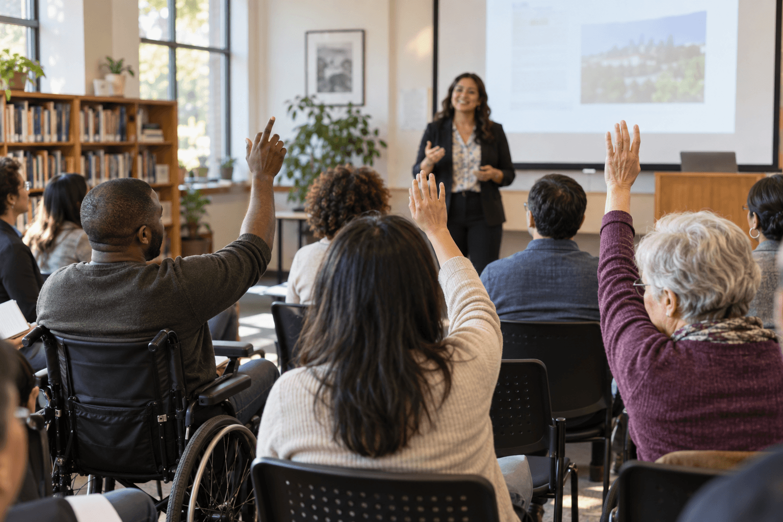 A speaker leading a community workshop for an engaged audience in a library meeting room
