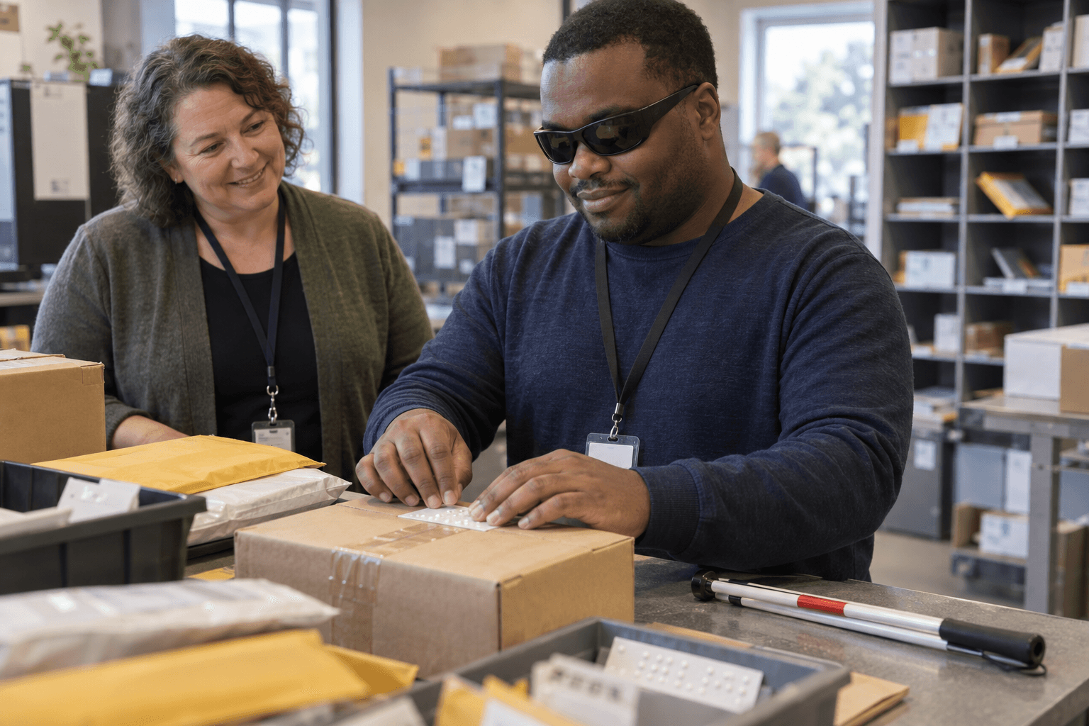 A job coach encouraging an employee who is blind as he sorts packages with a tactile labeling system