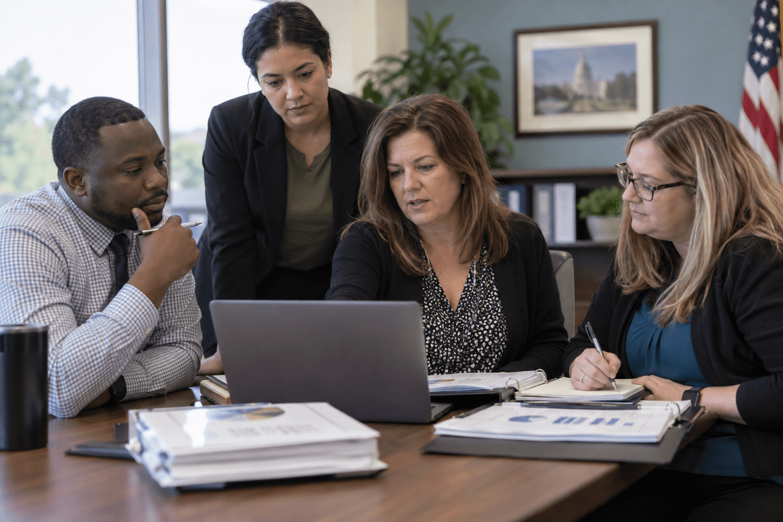 Public agency counselors reviewing program reports together in a meeting room