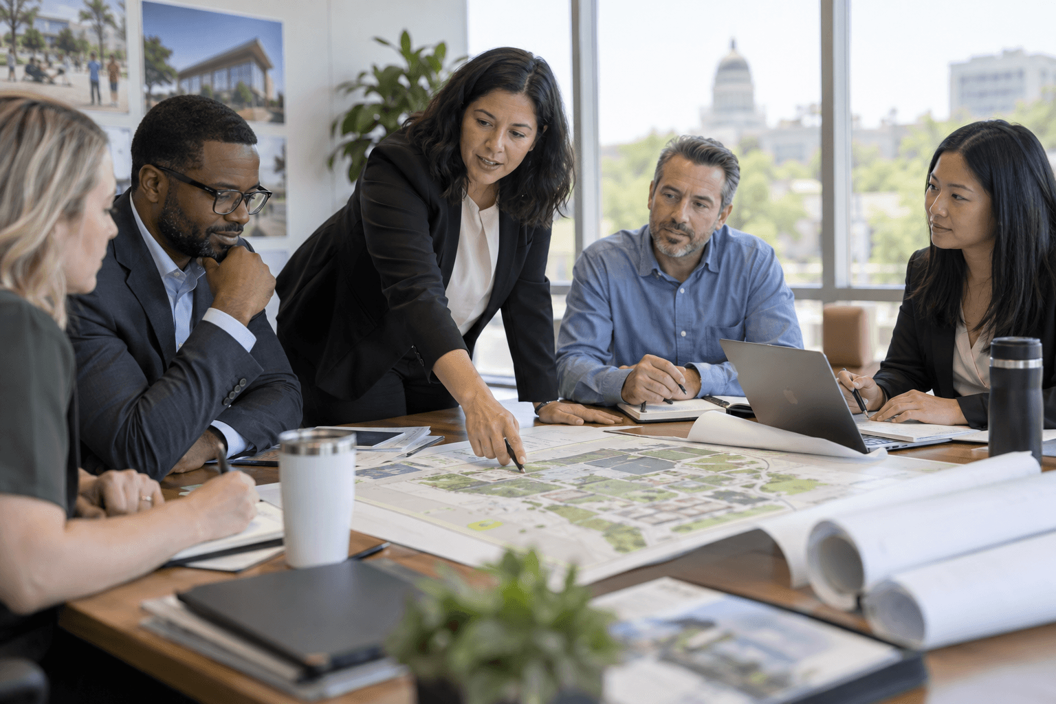 Professionals from a school, a public agency, and a local business planning a partnership around a conference table